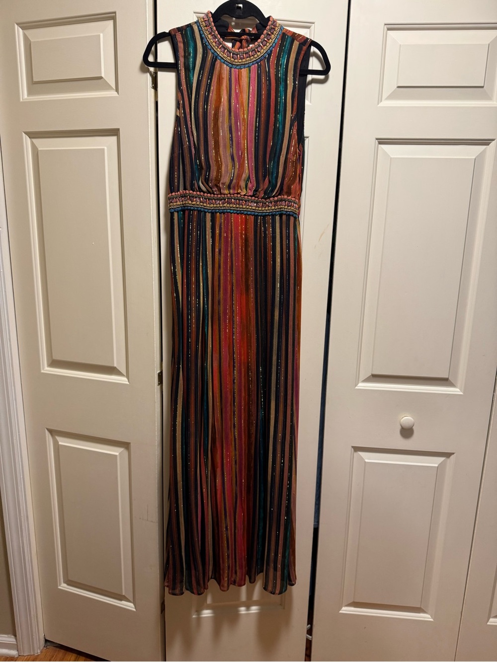 Anthropologie Multicolor Metallic Striped Embellished Maxi Dress Medium